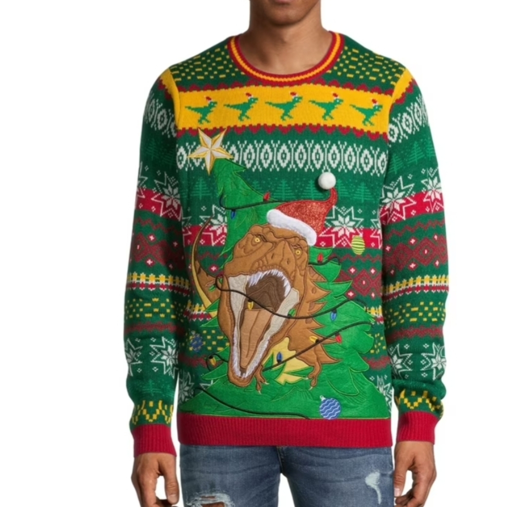 Holiday Time Men’s Green Red Yellow T-Rex Christmas Crewneck Sweater